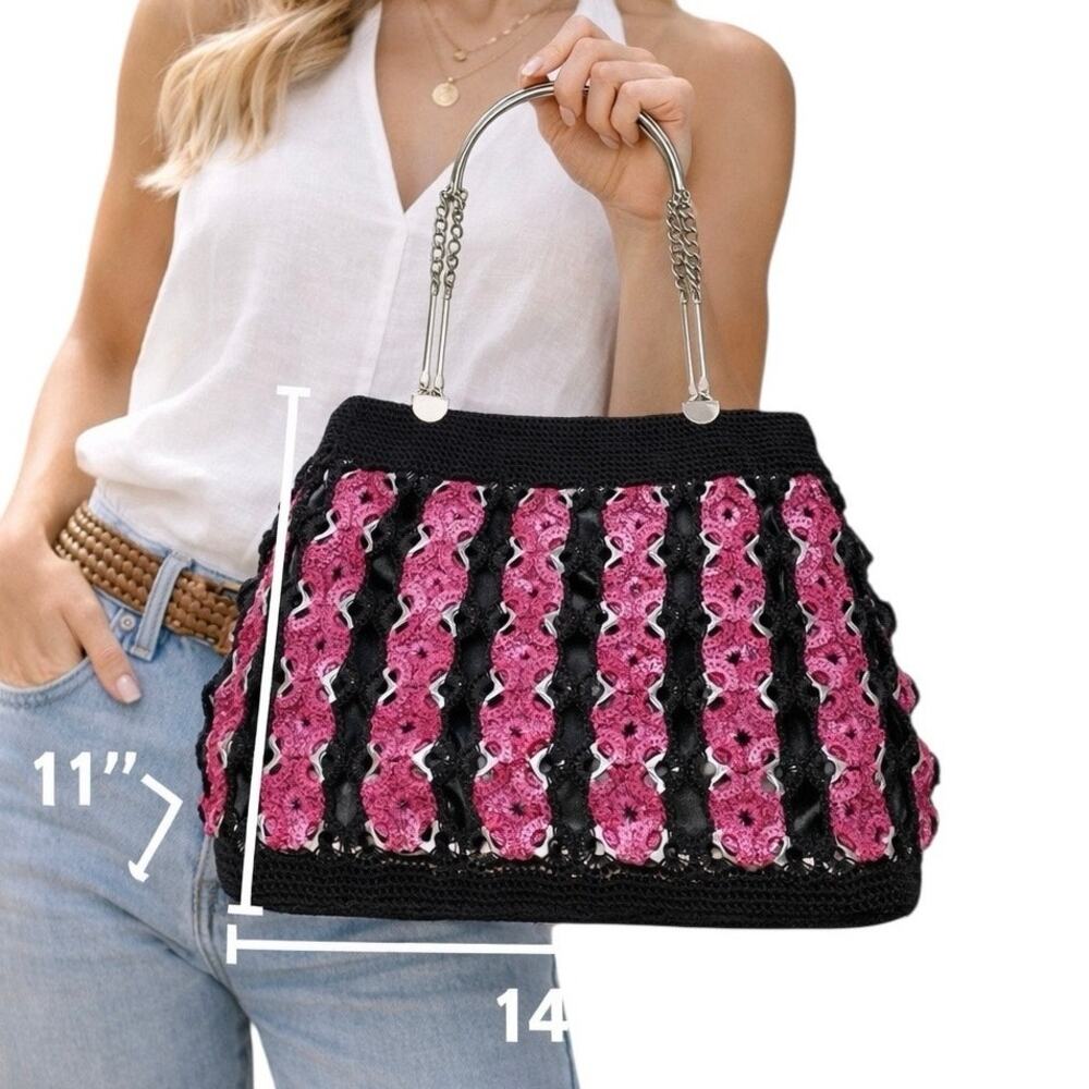Crochet Handbag Pink Black Metal Frame Purse Boho Y2K Statement Bag